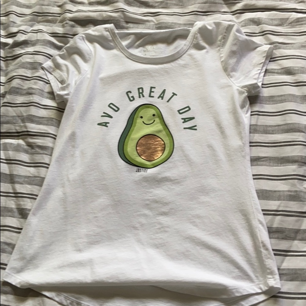 White “avo great day” justice tee shirt